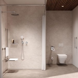 Modernes Badezimmer mit eleganter Dusche und natürlichem Licht Ein modernes Badezimmer mit einer eleganten Dusche, einem WC und einem großen Fenster, das Tageslicht hereinlässt.